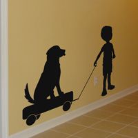 Little Boy Pulling Puppy on a Wagon - Silhouette - Wall Decals