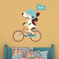 Puppy Riding a Bike - Three Letter Monogram - Printed Wall Decals