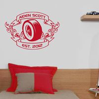 Racing Wheel with Flames - Personalized Monogram - Wall Decals