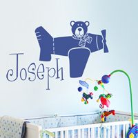 Teddy Bear Flying a Plane - Personalized Monogram - Wall Decals