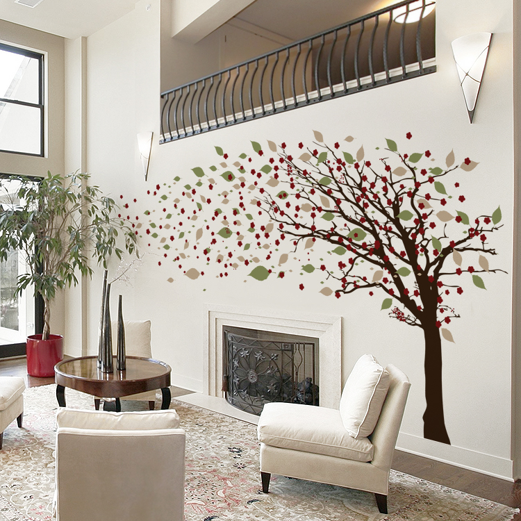 Tall Leaning Tree Blowing With Blossoms Wall Decals Stickers Graphics - Tree Wall Decor Stickers