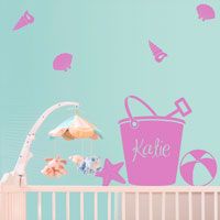 Beach Pail, Ball, & Shells - Personalized Monogram - Wall Decals