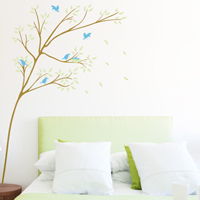 Thin Leaning Tree with Birds and Nest - Wall Decals